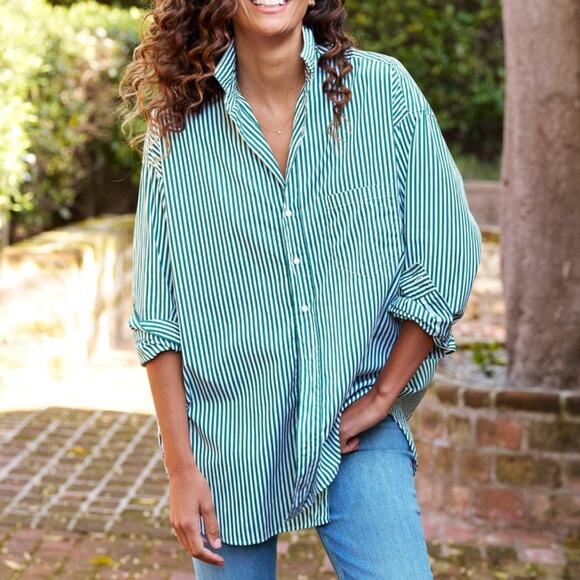 Frank & Eileen Shirley Supreluxe Italian Cotton Green Stripe Oversized Shirt XL - Picture 4 of 12